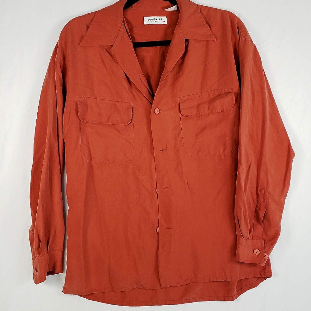 EQUIPMENT Women Silk Large Long Sleeve Pocket Collared Button Down Shirt Rust